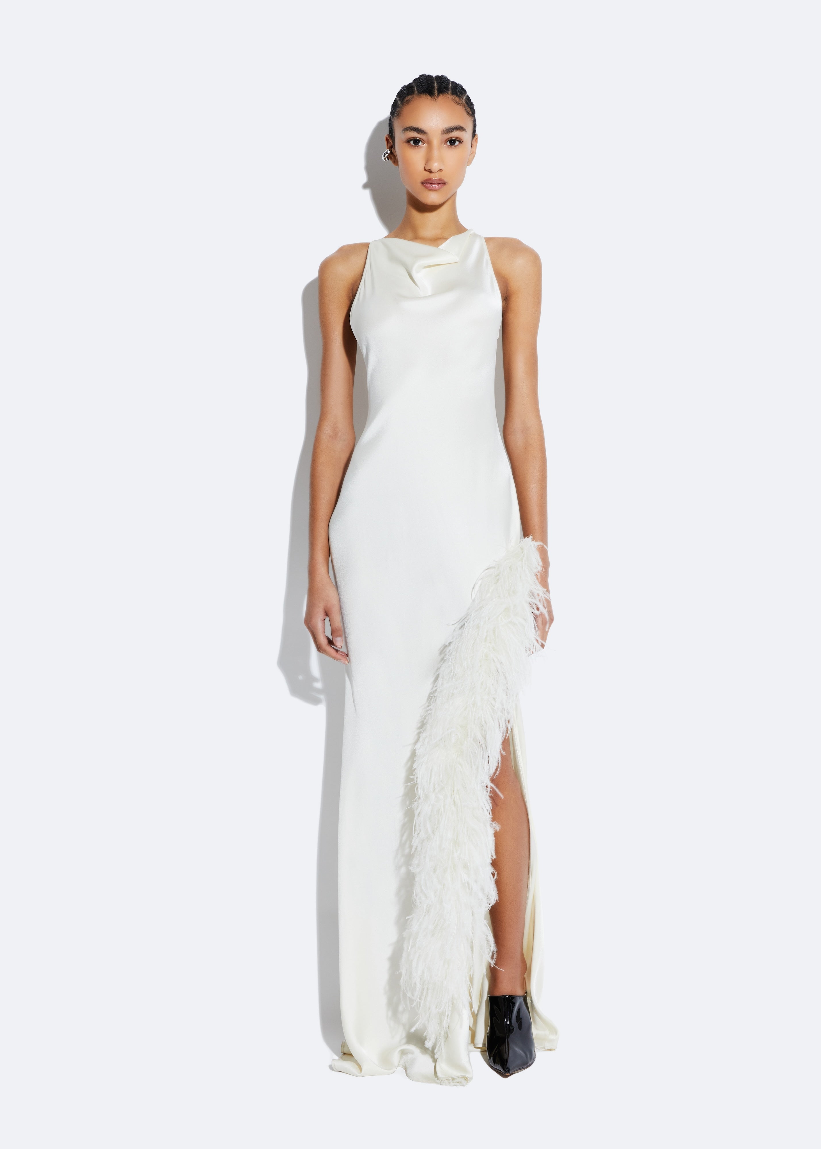 Shop Lapointe Satin Cowl Neck Gown With Feathers In Cream