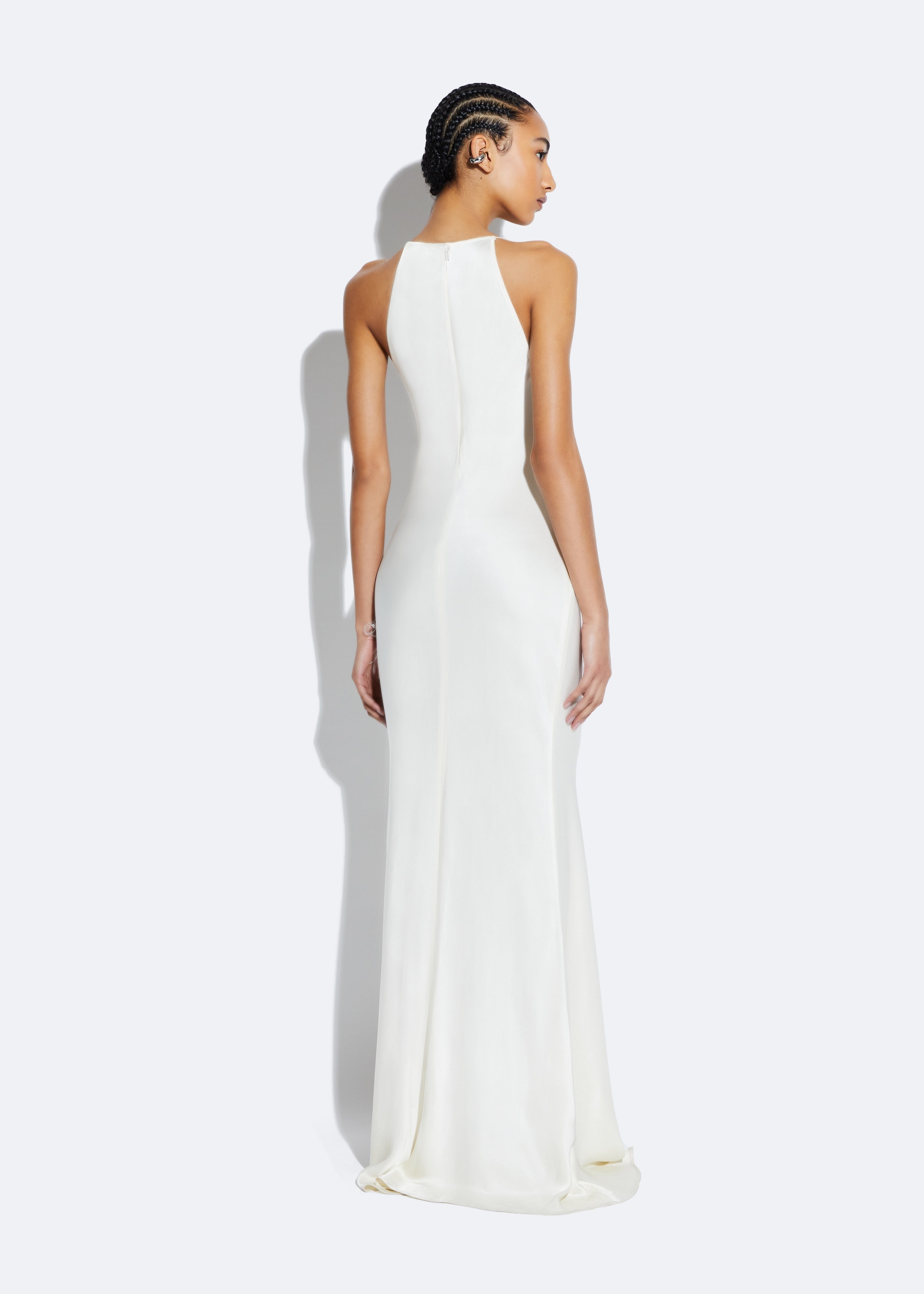 Shop Lapointe Satin Cowl Neck Gown With Feathers In Cream