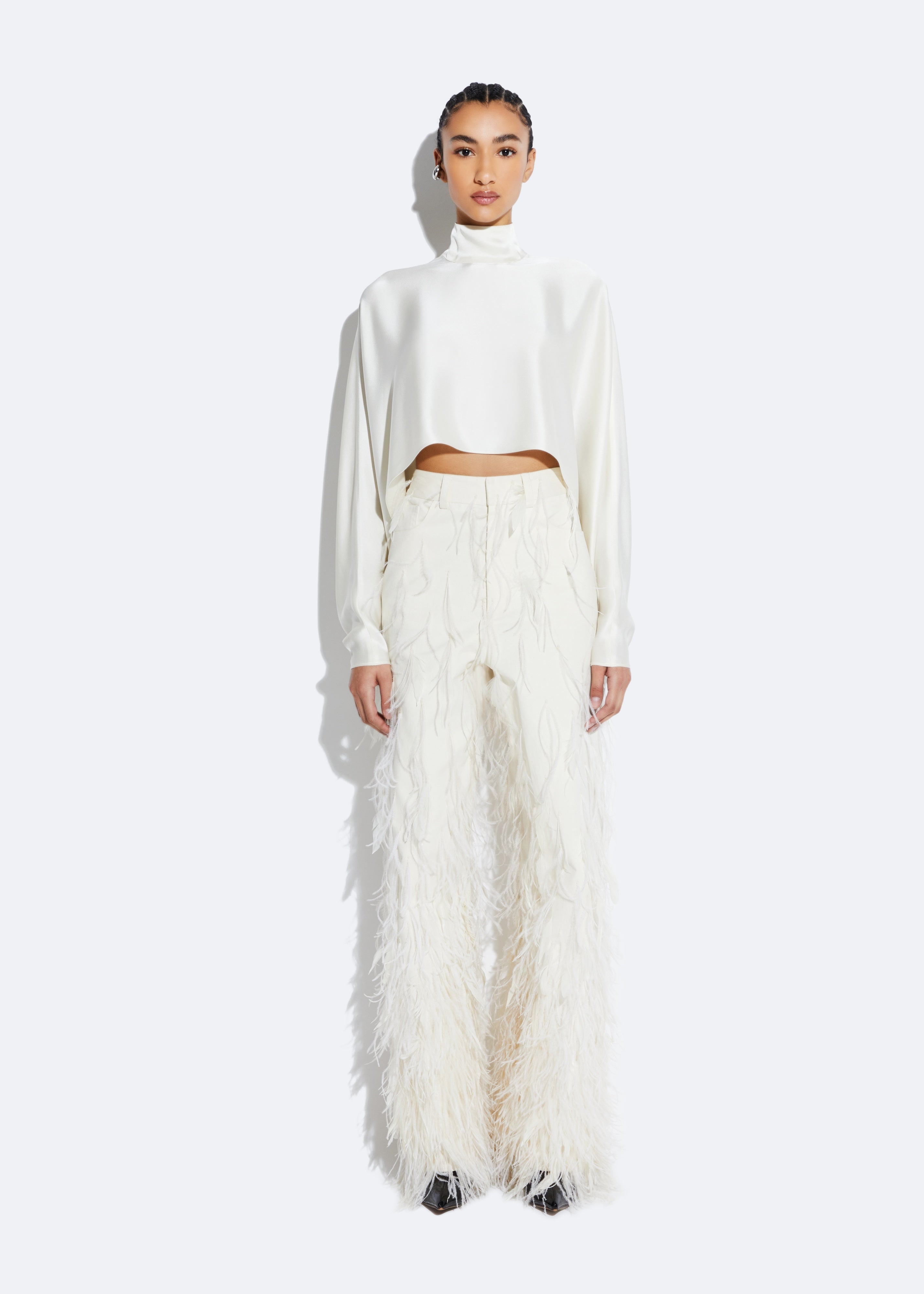Shop Lapointe Twill Pant With Feathers In Cream