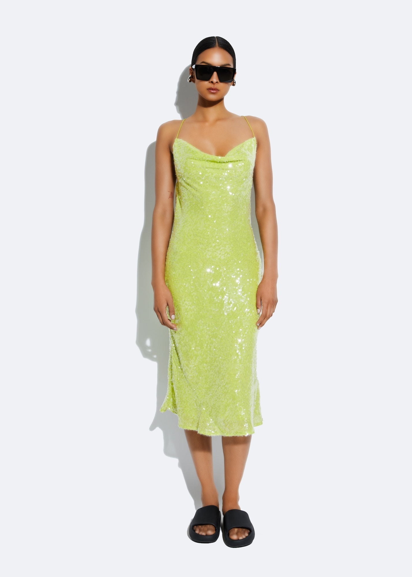 Shop Lapointe Sequin Cowl Midi Dress In Lime