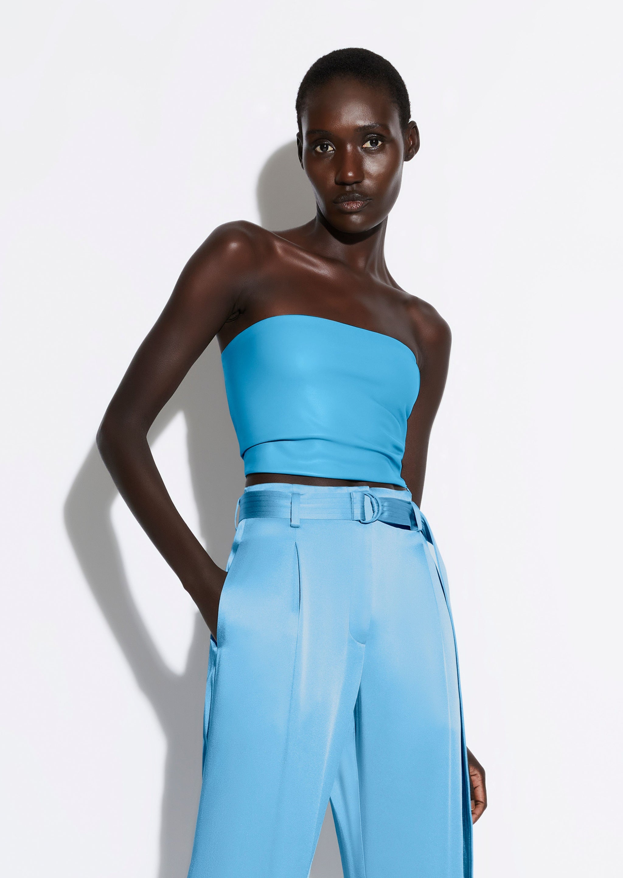 Stretch Faux Leather Tube Top in Sky blue Blue