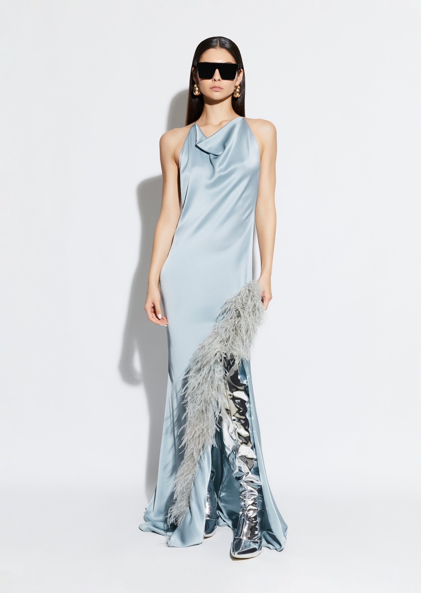 Satin Halter Gown With Feathers in Olive Green
