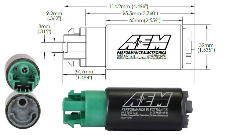AEM® 340LPH E85-Compatible High Flow In-Tank Fuel Pump (65mm with hooks, Offset Inlet)