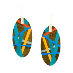 Oval Wood Earrings with Classic Blue and Orange