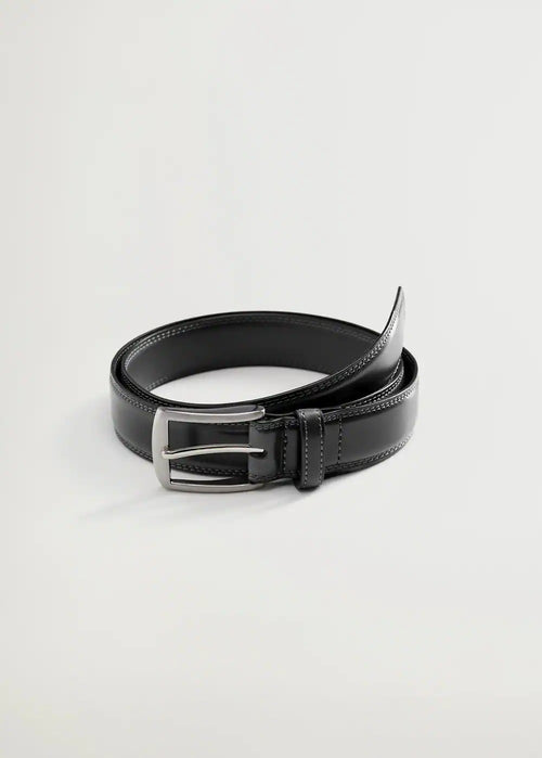 Mango Emili Black Pebbled Real Leather Mens Belt