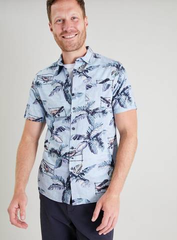 Tu Blue Aviation Palm Leaf Print Mens Shirt