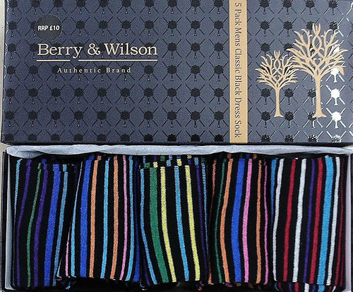 Berry & Wilson Mens 5 Pairs Multi Colour Striped Cotton Socks Gift Box Set