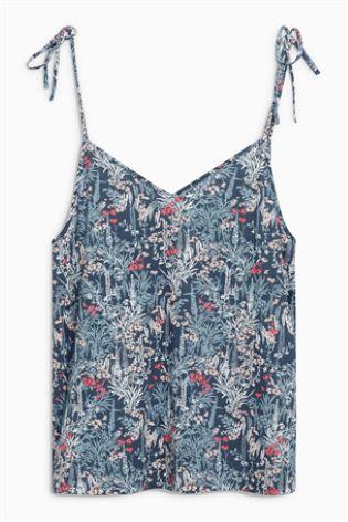 Next Womens Blue Floral Cotton Tie Cami Top