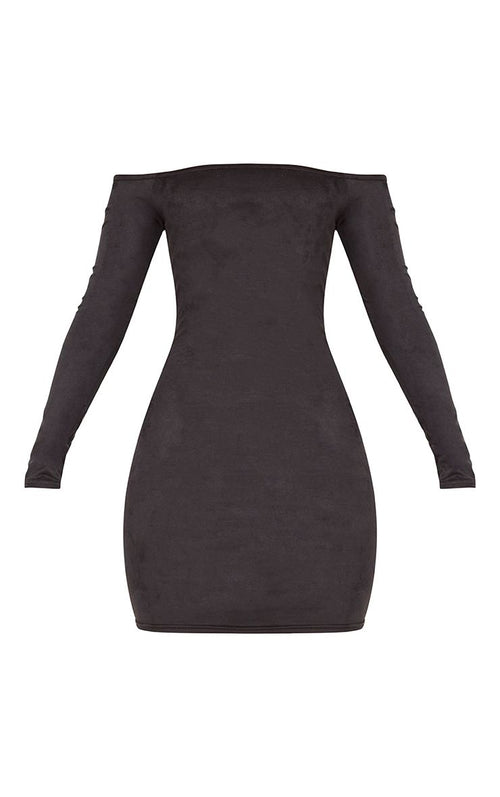 PrettyLittleThing Womens Violla Black Suede Bardot Long Sleeve Bodycon Dress