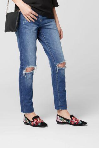 Next Mid Blue Relaxed Rip Knee Womens Jeans