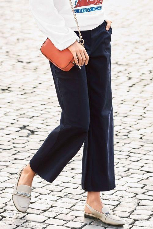 Next Womens Cotton Twill Cropped Wide Leg Trousers