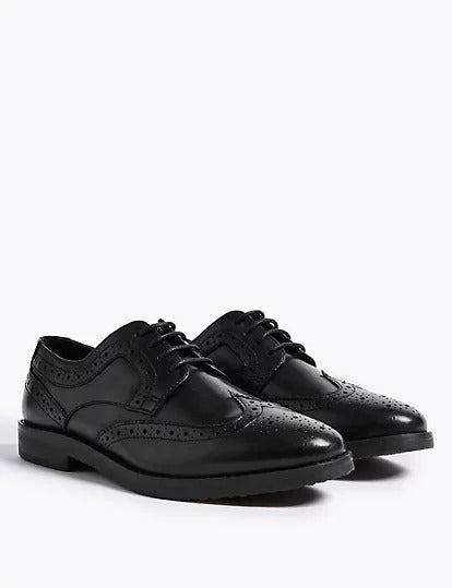 M&S Leather Black Brogue Boys School Shoes