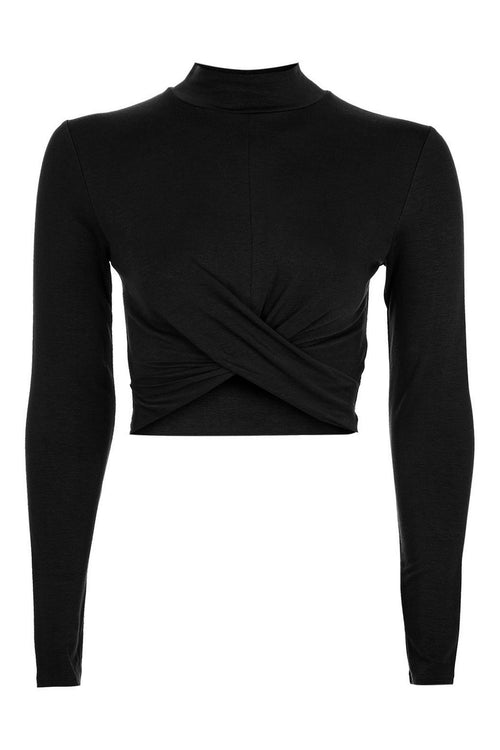 Topshop Womens Black Long Sleeve Twist Front Crop Top