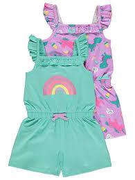 George Unicorn Rainbow Print Girls Jersey Playsuits 2 Pack