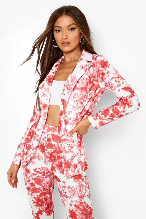 Boohoo Porcelain Red Print Fitted Womens Blazer