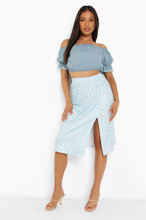 Boohoo Petite Gingham Side Split Midi Ladies Skirt