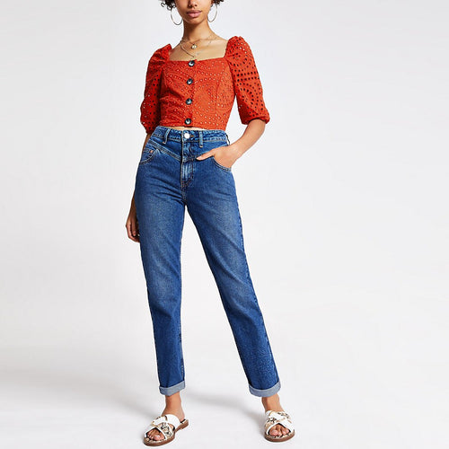 River Island Red Broderie Puff Sleeve Womens Crop Top