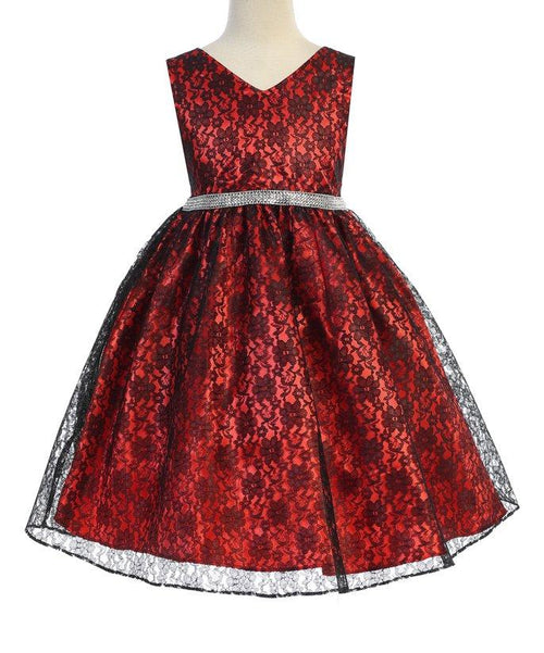 Ellie Kids Red Rhinestone Accent Lace Overlay Younger Girls Dress