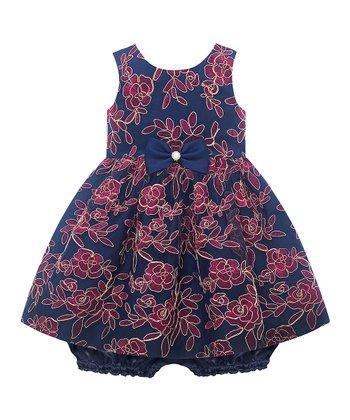 American Princess Bow Accent Navy & Red Floral Younger Girls Dress