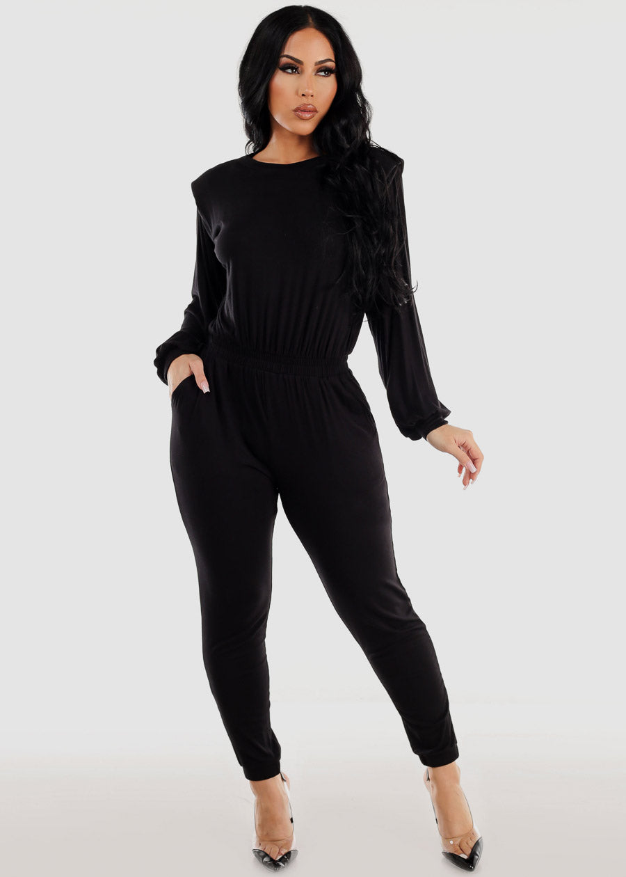 Image of Black Long Sleeve Spandex Waist Skinny Jumpsuit