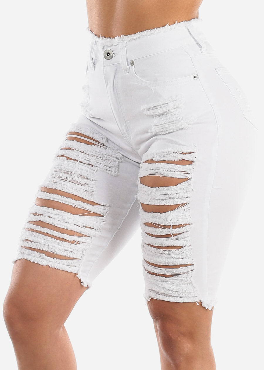 white distressed bermuda shorts