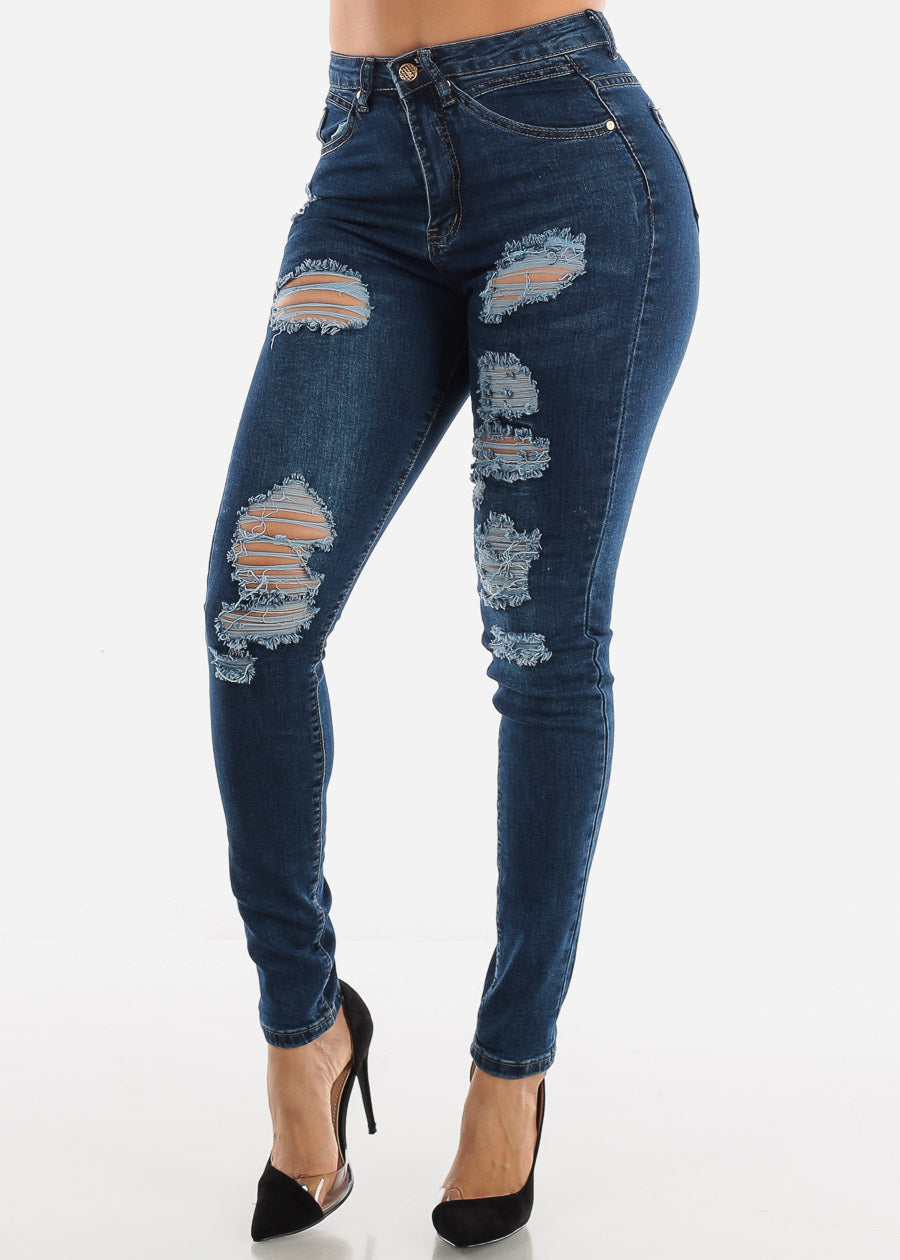 Dark Blue High Waisted Ripped Jeans For Sale Off 67