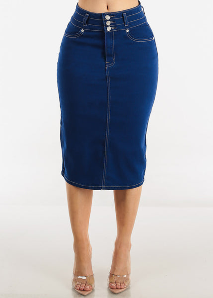 Women's 3 Button Stretch Denim Pencil Skirt - Blue Denim Pencil Skirt ...