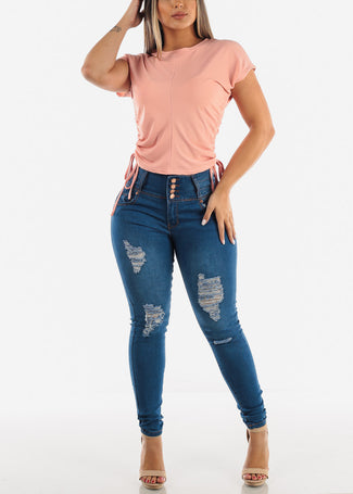 Moda Xpress Womens Juniors High Rise Butt Lifting Skinny Jeans Dark Blue  10471R at  Women's Jeans store