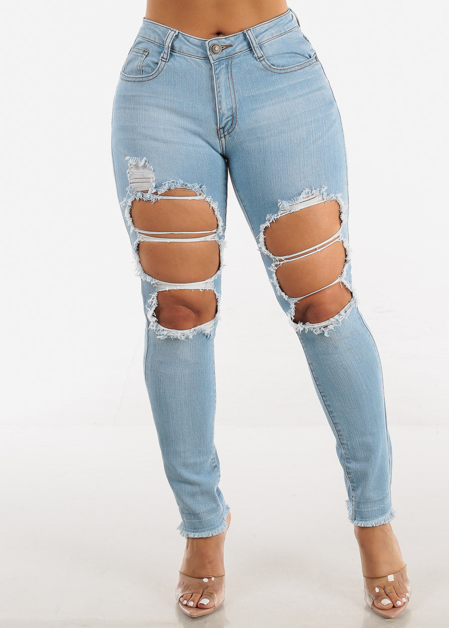 Women's RIpped Light Wash Skinny Jeans - Mid Torn Light Skinny Jeans Moda Xpress