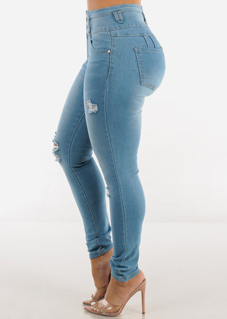 Butt Lifting Distressed Light Blue Skinny Jeans