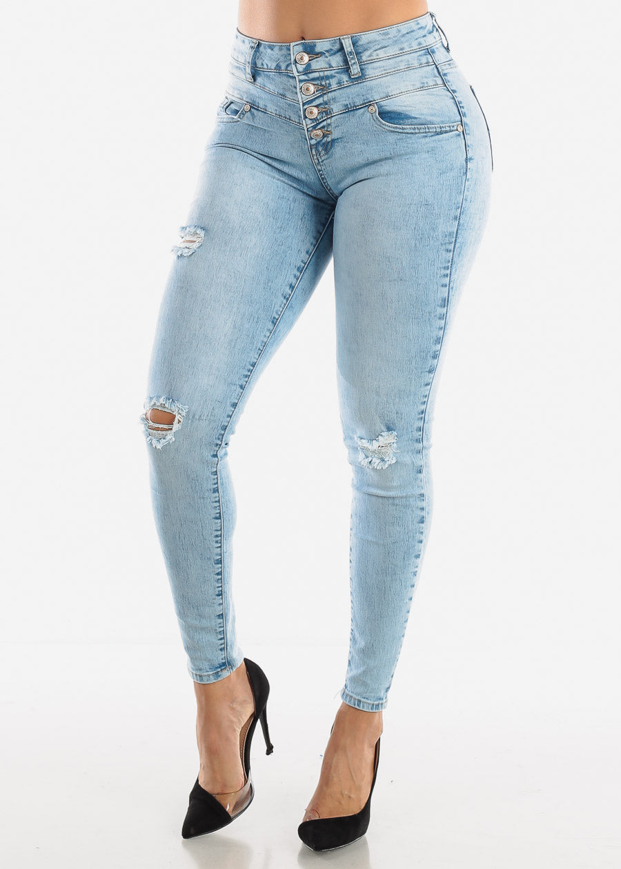 High Waisted Light Blue Skinny Jeans With Ripped Knee Distressed Skinny Jeans