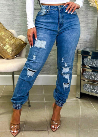 High Waisted Patched Denim Joggers Light Blue