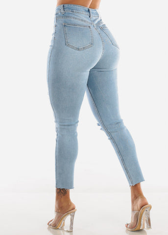 Women S High Waisted Light Blue Distressed Skinny Jeans With Raw Hem