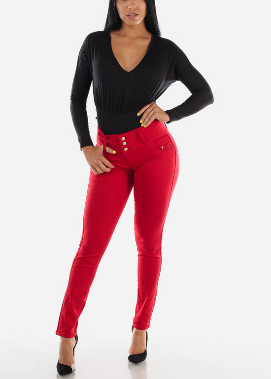 Poplooks Women's Casual Mid Rise Stretch Skinny Knit Jegging Pants (Red)