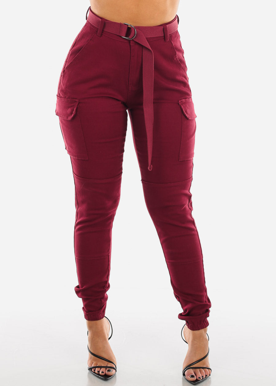 red cargo joggers