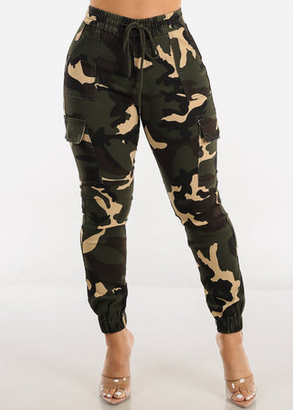 High Waist Drawstring Hyper Stretch Camo Cargo Joggers