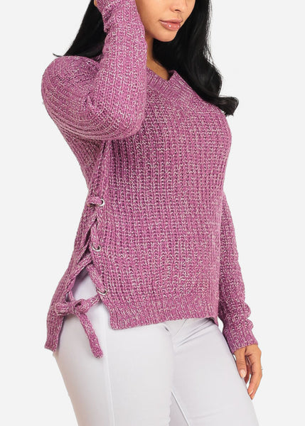 Pink Knitted Long Sleeve V Neckline Lace Up Sides Sweater Top