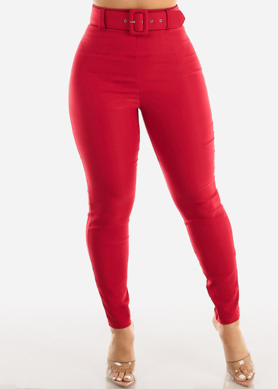 Women's Red Dressy Skinny Pants - High Waisted Red Skinny Pants