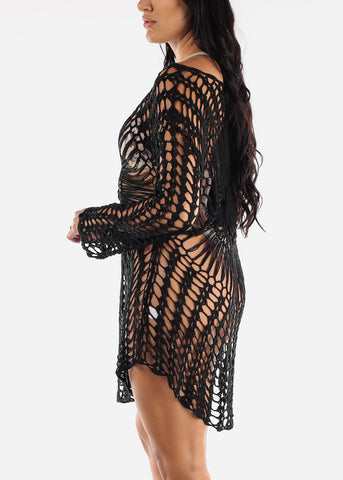 Long Sleeve Cover Up Dress Black Crochet