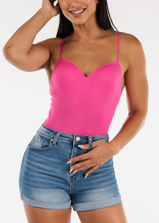 Hot Pink Seamless Thong Bodysuit - Sleeveless Sweetheart Neckline