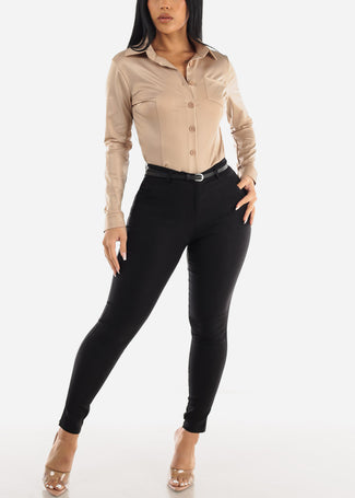 Black High Waisted Belted Dressy Skinny Pants second image