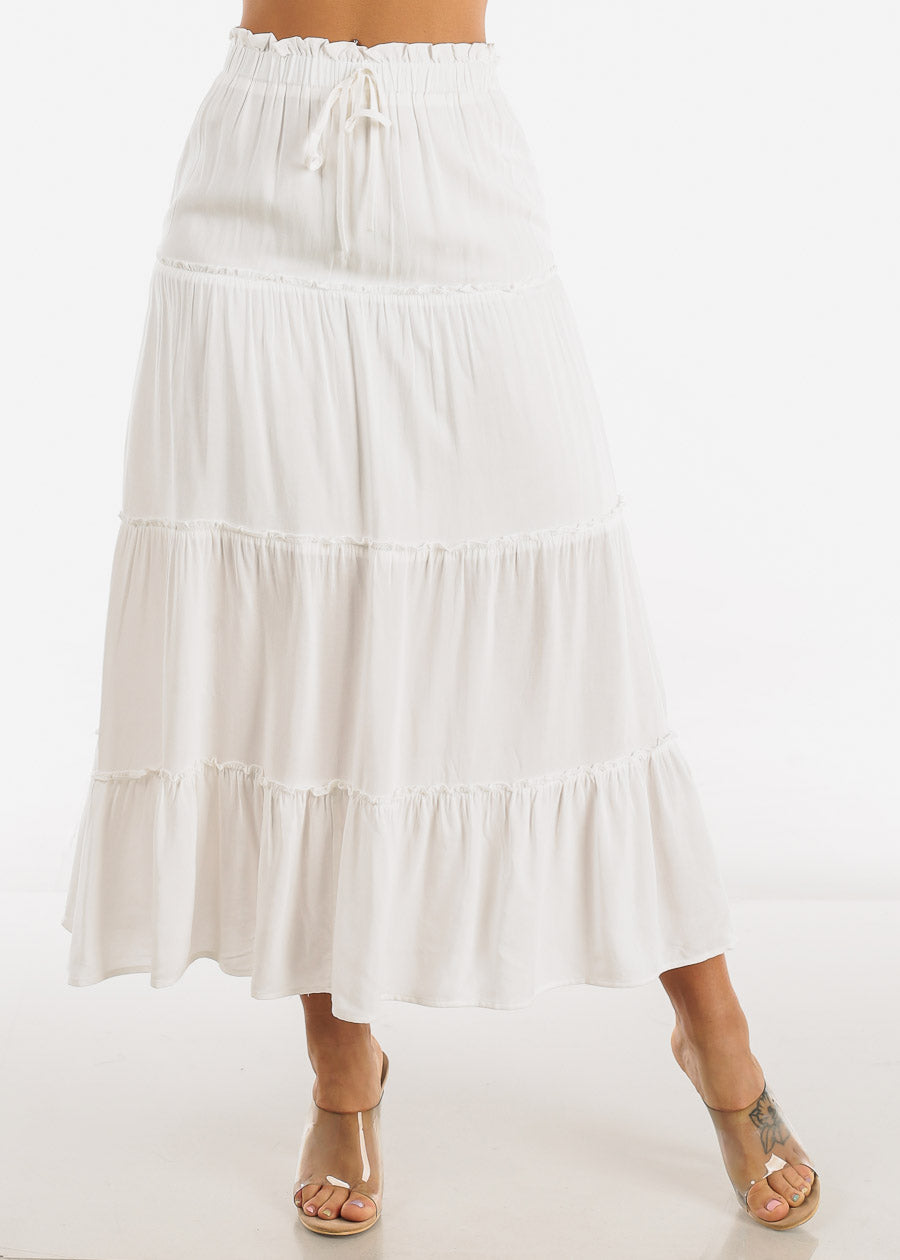 Women's A-Line Ruffled Maxi Skirt - Elastic Waist Tiered Maxi Skirt White –  Moda Xpress