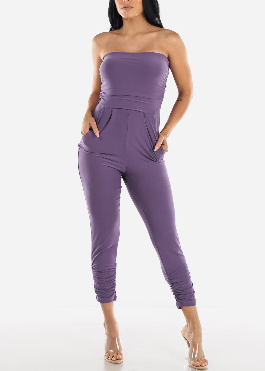 purple strapless jumpsuit