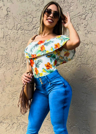 Ruffled Off Shoulder Tropical Bodysuit