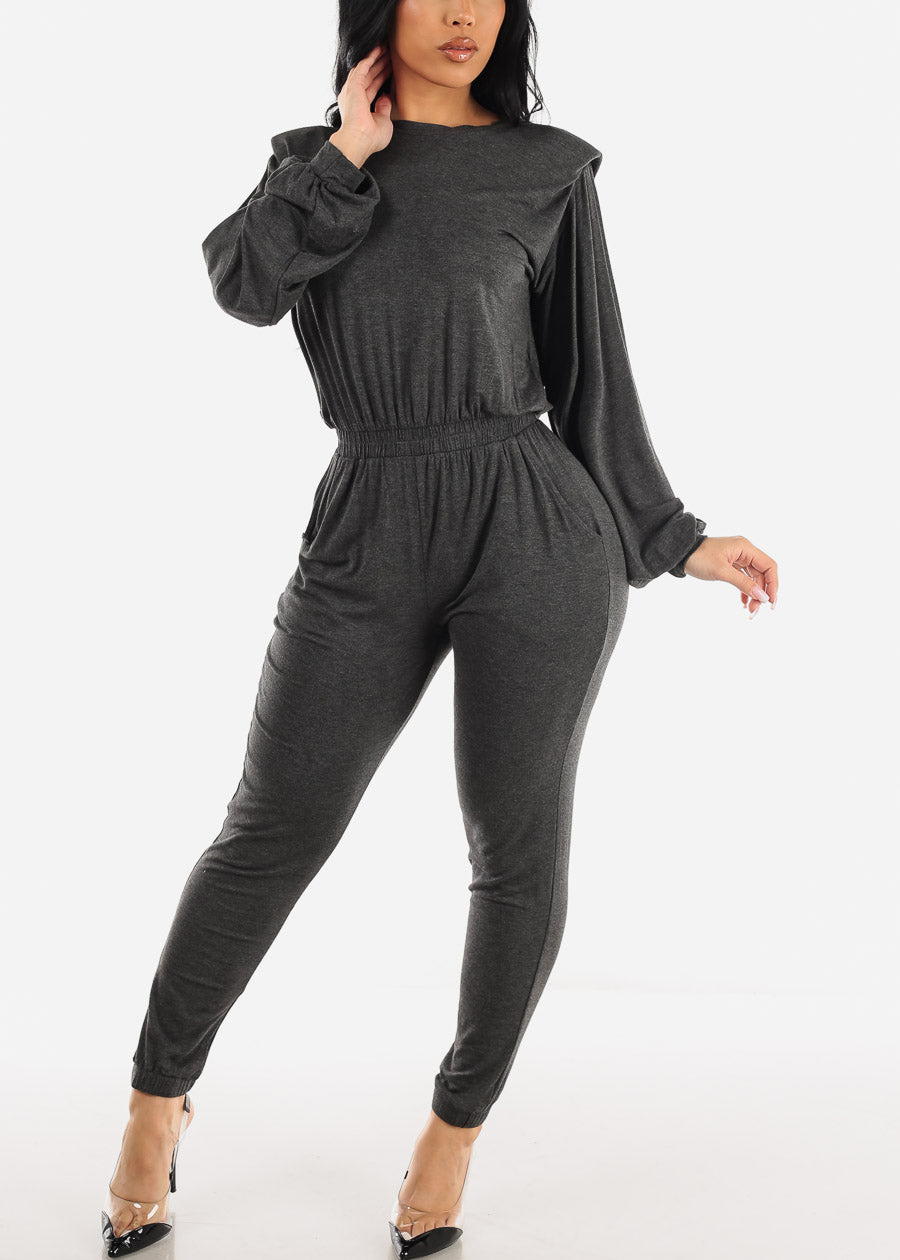 Image of Long Sleeve Spandex Waist Skinny Jumpsuit Charcoal