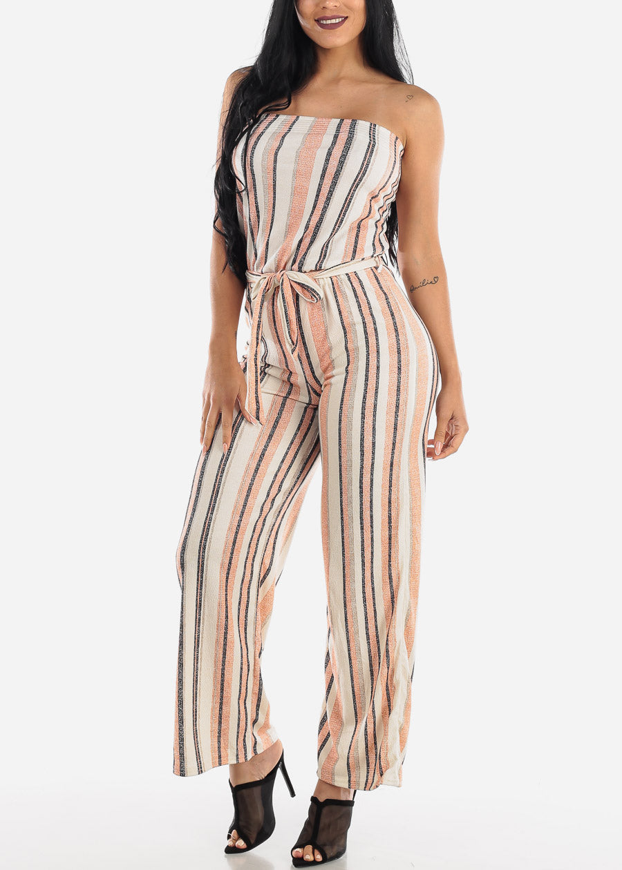 orange strapless jumpsuit