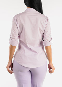 Quarter Sleeve Button Up Shirt Lilac w Contrast Panel