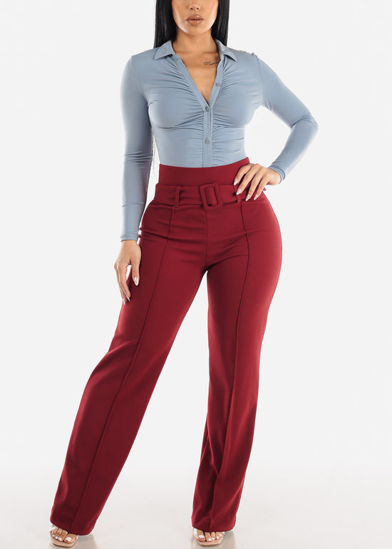 Women's Wine Straight Wide Leg Pants - Belted Wide Leg Dressy