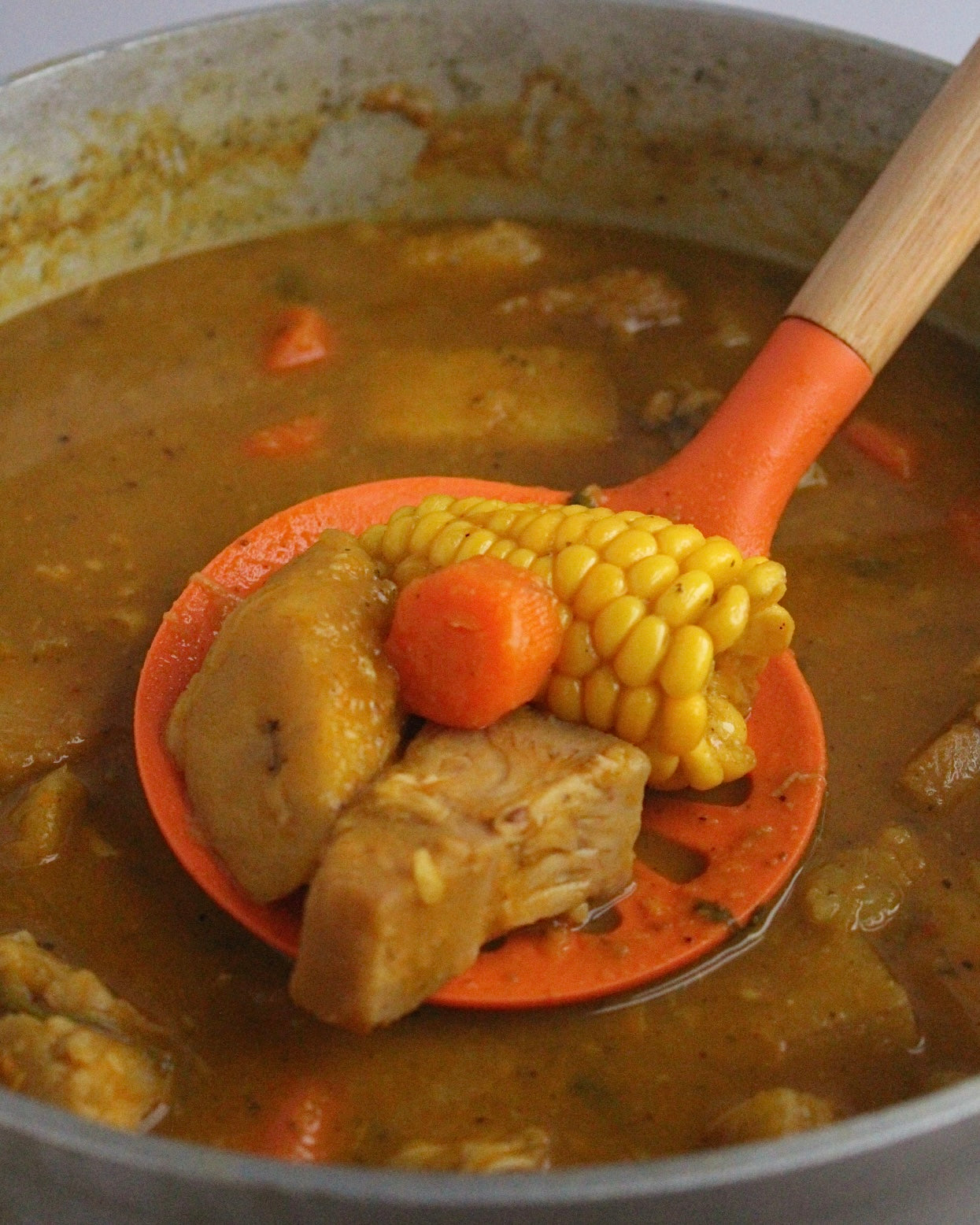 Skimmer holding a scoop of vegan sancocho