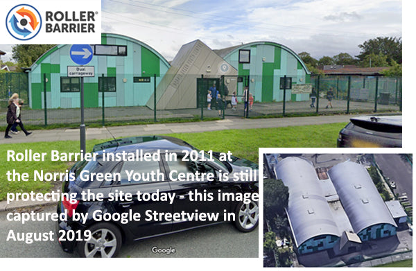 Youth Centre Roller Barrier Installation installed in 2011 - image from 2019.